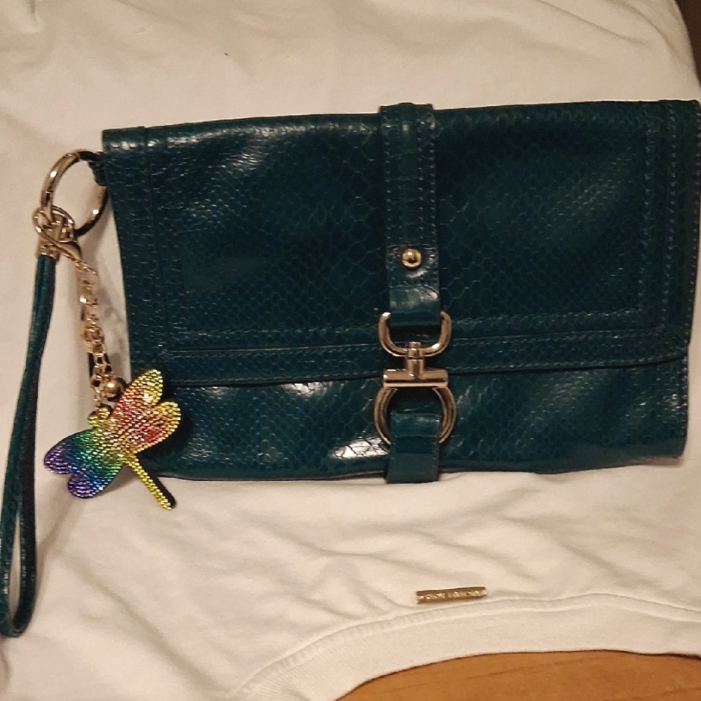 Talbots Teal Clutch with Rainbow Dragonfly Charm